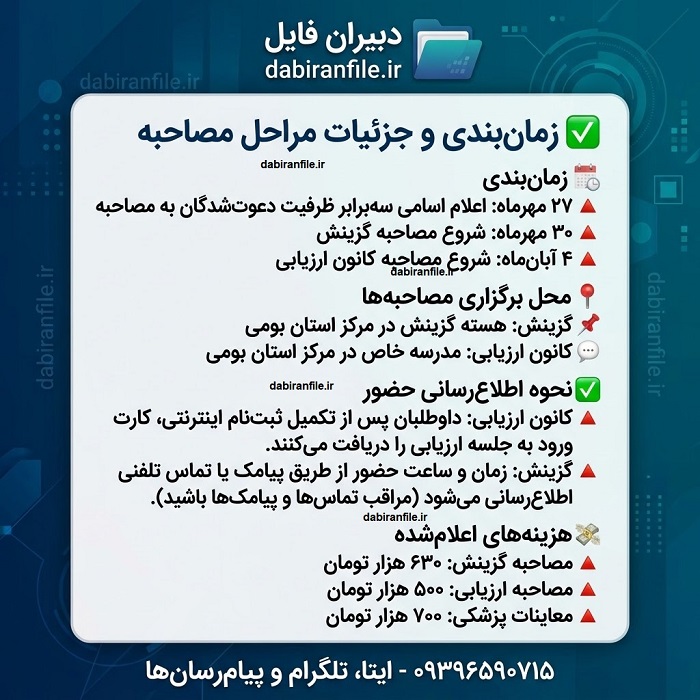 اینفوگرافیک زمانبندی مراحل مصاحبه زمان مصاحبه فرهنگیان 1405 را دقیق بخوانید؛ تاریخ، شرایط دعوت، مدارک، هزینه، سامانه ثبتنام و مراحل ارزیابی